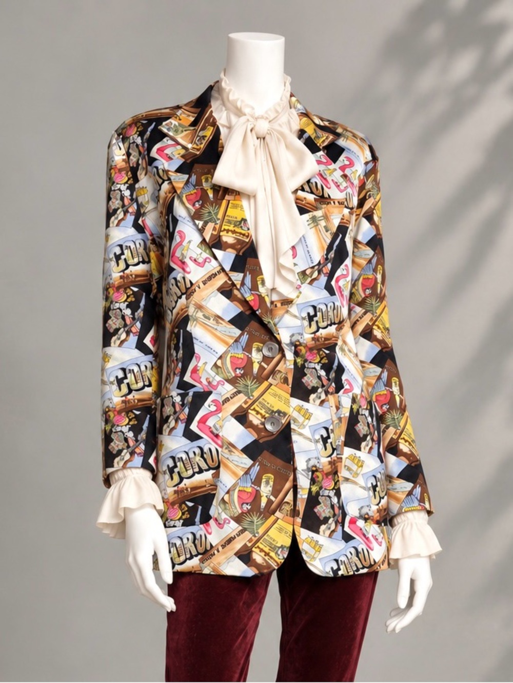Vintage 90s Nicole Miller Silk Blazer M Rare Corona Postcard Print Jacket
